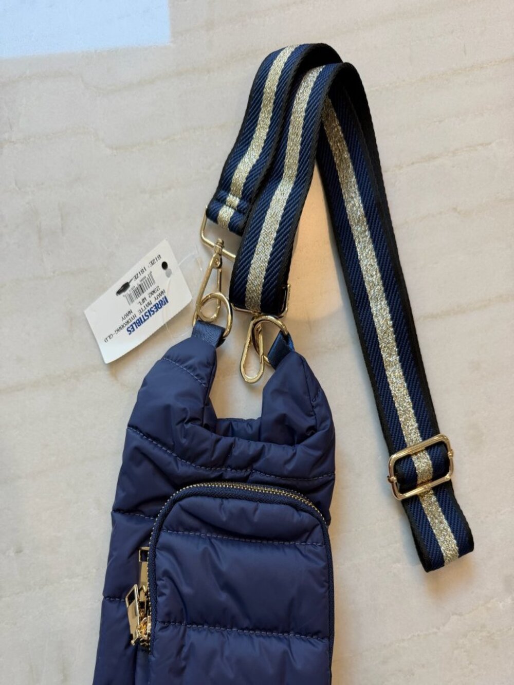 Irresistibles, Navy Matte Hydrobag - Gold (Puffer Water Bottle Crossbody Bag)